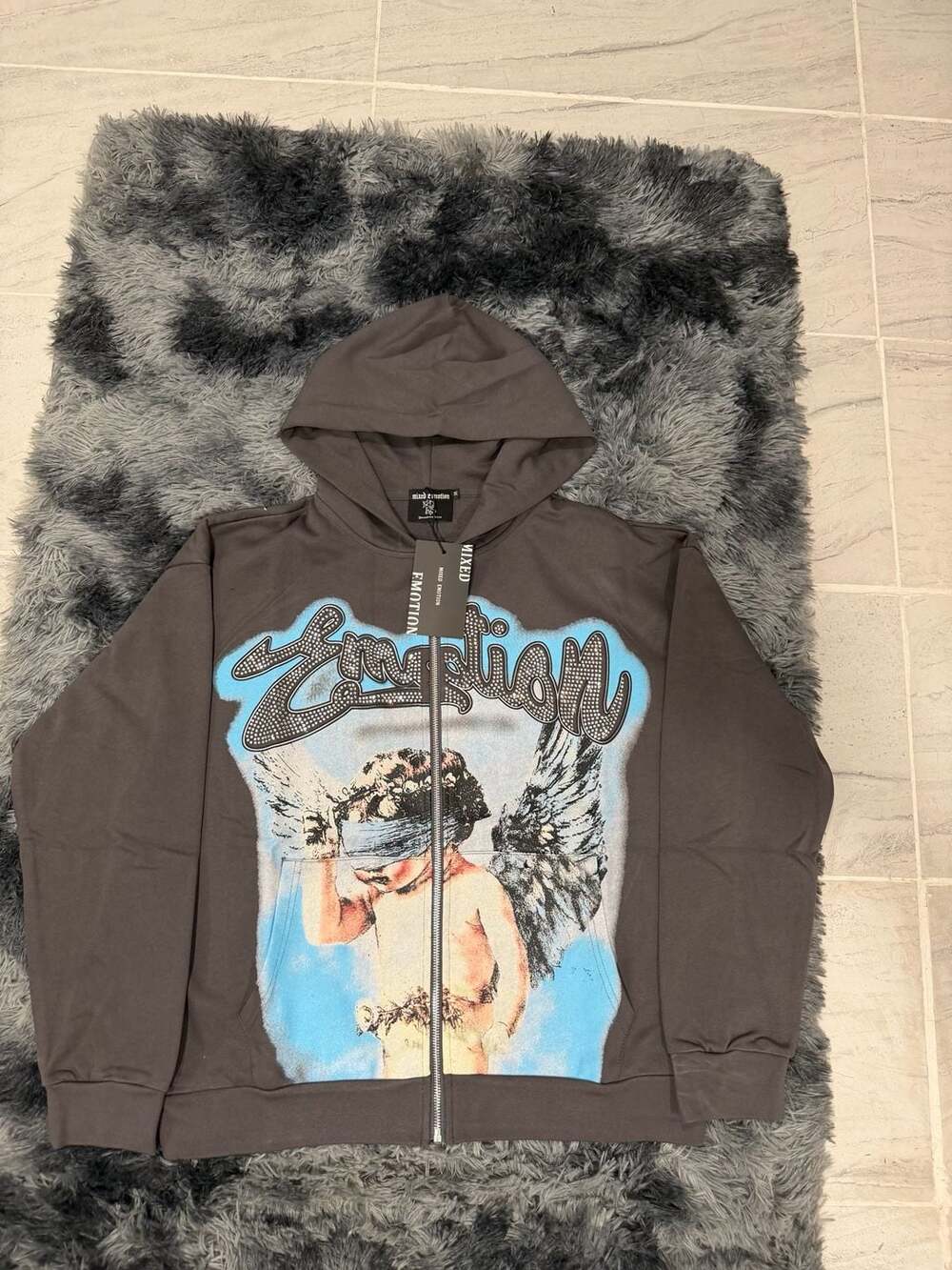 Mixed Emotion Blindfold Angel Rhinestone Zip-Up Hoodie Washed Grey Size M